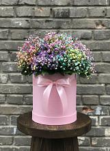 Цветочная композиция из Гипсофила и Розы в шляпной коробке в Елань-Колено