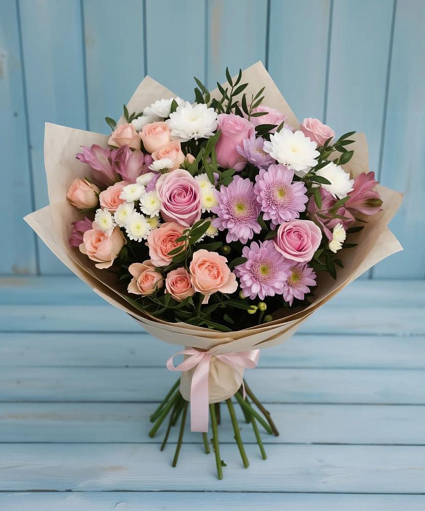 Букет цветов из: Хризантемы, Розы и Альстромерии в Елань-Колено