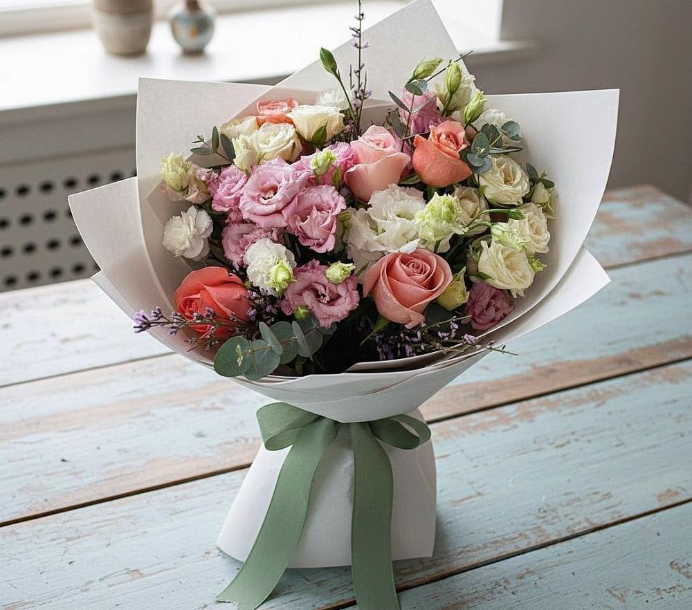 Букет цветов из: Розы, Лизиантусы и Гвоздики в Елань-Колено