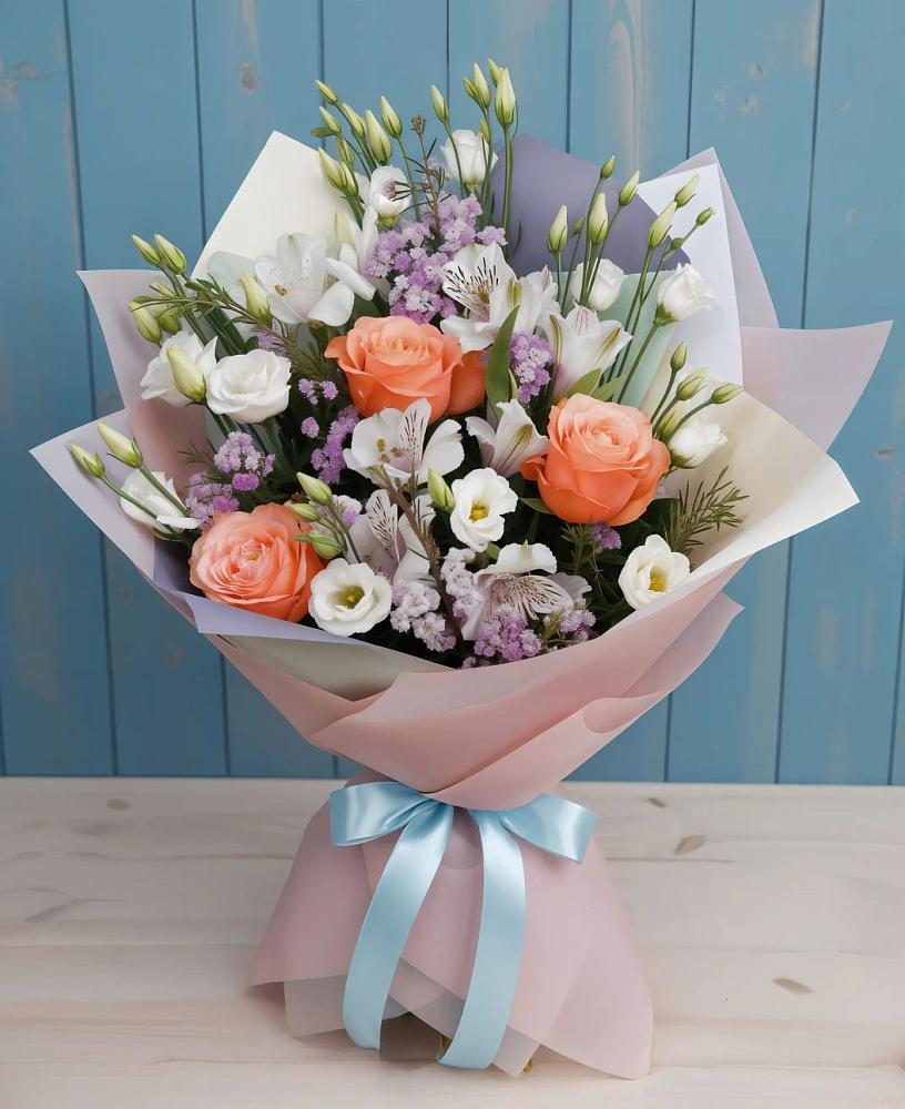 Букет цветов из: Лизиантусы, Розы, Альстромерии и Гипсофила в Елань-Колено