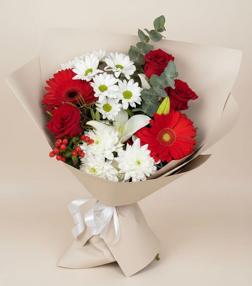 Букет цветов из: Розы, Хризантемы, Герберы и Лилии в Елань-Колено
