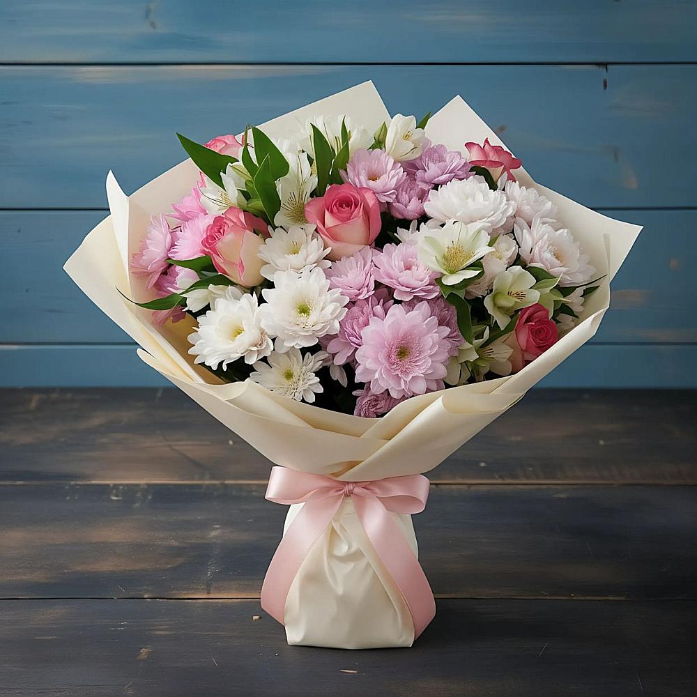 Букет цветов из: Хризантемы, Альстромерии и Розы в Елань-Колено